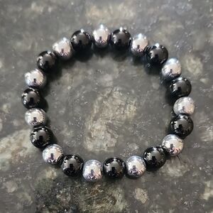 Handmade Black Jasper & Silver Beaded Stretch Bracelet
